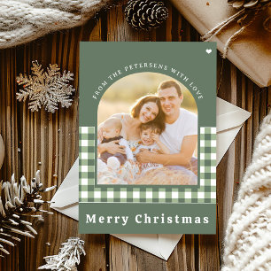 Tarjeta Festiva Foto familiar de cuadros gingham verdes Feliz Navi
