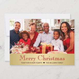 Tarjeta Festiva Foto familiar de Navidades botánicos rojos de oro 