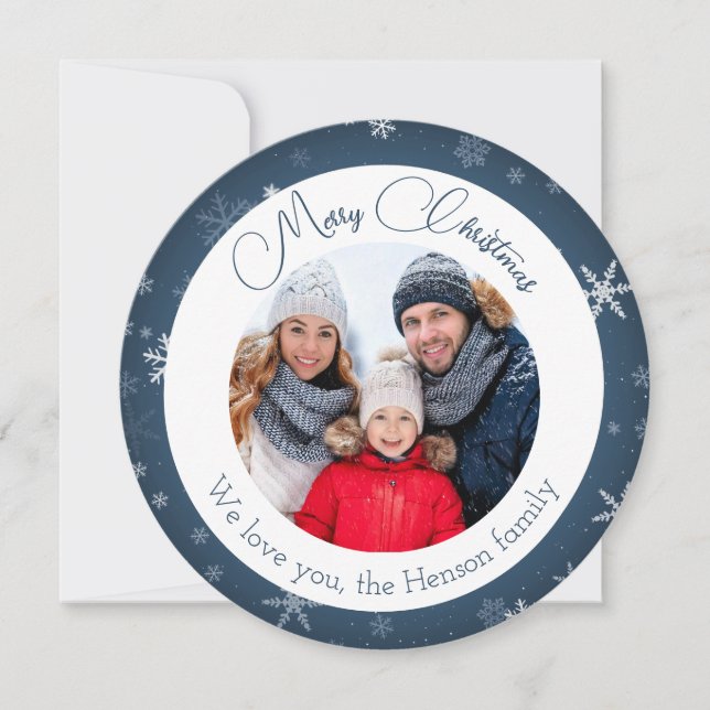 Tarjeta Festiva Foto familiar de Navidades de copo de nieve azul (Anverso)