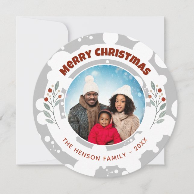 Tarjeta Festiva Foto familiar de Navidades de follaje modernos (Anverso)