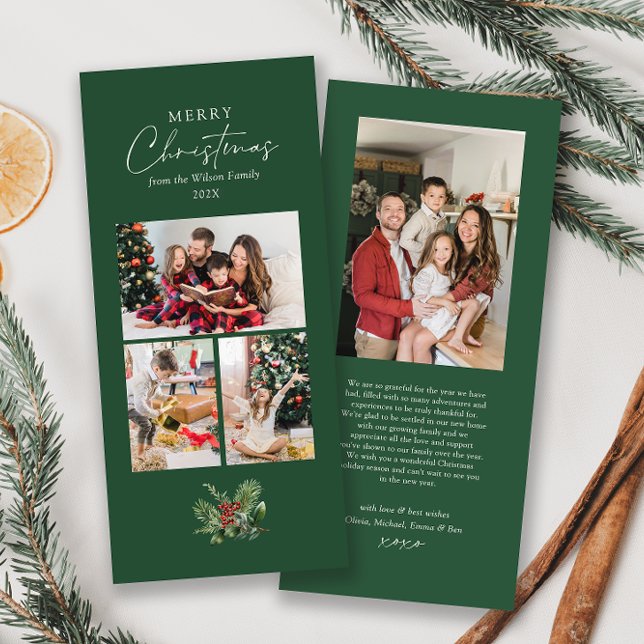 Tarjeta Festiva Foto familiar de Navidades de follaje verde simple (Subido por el creador)