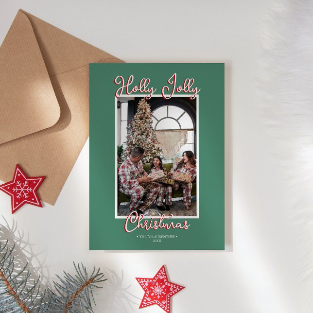 Tarjeta Festiva Foto familiar de Navidades de Green Holly Jolly (Subido por el creador)