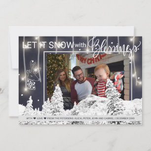 Tarjeta Festiva Foto familiar de Navy White Winter Wonderland 3