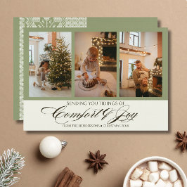 Tarjeta Festiva Foto familiar de Sage Fair Isle Comfort and Joy