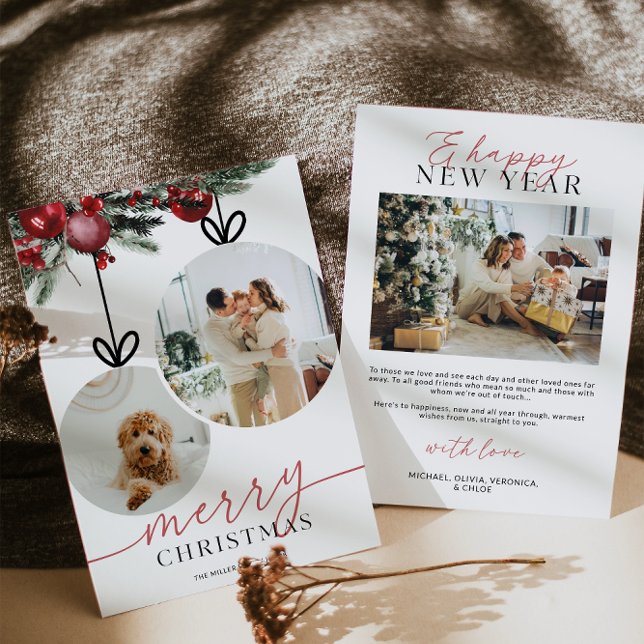 Tarjeta Festiva Foto familiar de vegetación acuarela rústica (Rustic Watercolor Ornament Family Photo Christmas Card)