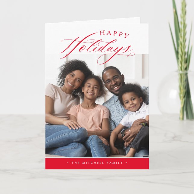 Tarjeta Festiva FOTO FAMILIAR Felices Fiestas caligrafía linda roj (Anverso)