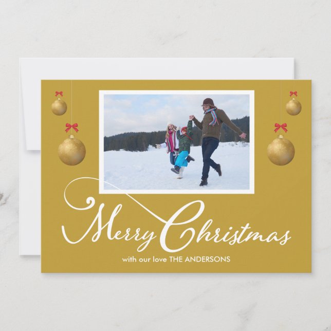 Tarjeta Festiva Foto familiar Merry Christmas Caliligraphy Gold (Anverso)
