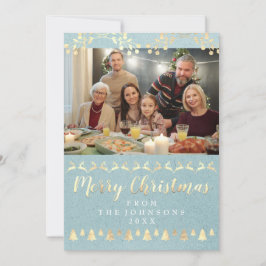 Tarjeta Festiva Foto familiar Merry Christmas Gold Kraft Blue