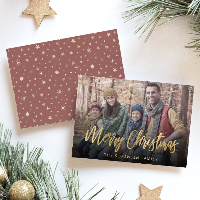 Tarjeta Festiva Foto familiar Merry Christmas Gold Script (Subido por el creador)