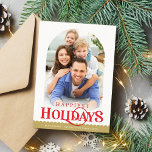 Tarjeta Festiva FOTO FAMILIAR mínimo arco moderno rojo oro<br><div class="desc">por kat massard >> WWW.SIMPLYSWEETPAPERIE.COM <<< Un diseño de tarjetas de tendencia que incluye la cita "FESTIVIDADES MÁS FELICES" con forma de arco combinado para tu foto favorita con texto en la parte inferior. CONTACTE con kat@simplysweetpaperie.com si necesitas una mano para que tu foto encaje perfectamente</div>