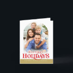 Tarjeta Festiva FOTO FAMILIAR mínimo arco moderno rojo oro<br><div class="desc">por kat massard >> WWW.SIMPLYSWEETPAPERIE.COM <<< Un diseño de tarjetas de tendencia que incluye la cita "FESTIVIDADES MÁS FELICES" con forma de arco combinado para tu foto favorita con texto en la parte inferior. CONTACTE con kat@simplysweetpaperie.com si necesitas una mano para que tu foto encaje perfectamente</div>