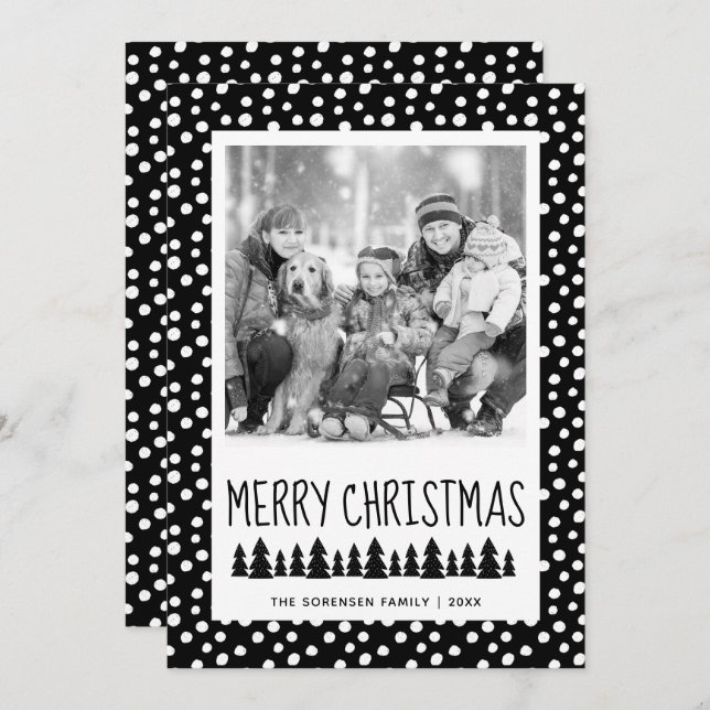 Tarjeta Festiva Foto familiar moderna con puntos blancos negros (Anverso / Reverso)