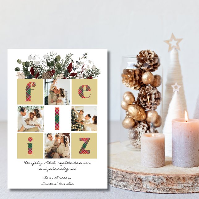 Tarjeta Festiva Foto familiar, moderna, floral, Navidades portugue (Subido por el creador)