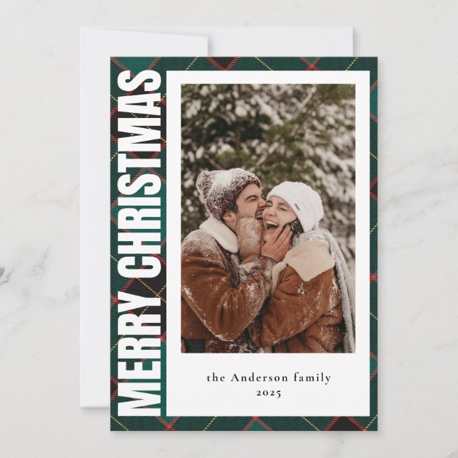 Tarjeta Festiva Foto familiar moderna Green Plaid Merry Christmas (Anverso)