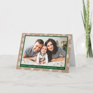 Tarjeta Festiva Foto familiar moderna Kraft Snowflake Doble verde