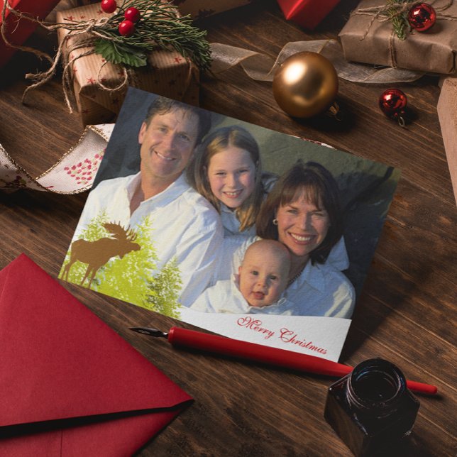 Tarjeta Festiva Foto familiar Morerry Christmas Moose and Pine Tre (Subido por el creador)