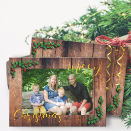 Tarjeta Festiva Foto familiar navideña en madera rústica