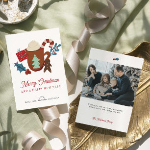 Tarjeta Festiva Foto Familiar Navideña Festiva con Cacao Caliente