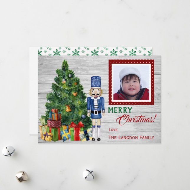 Tarjeta Festiva Foto familiar o infantil de Cascanueces en el árbo (Anverso/Reverso In Situ)