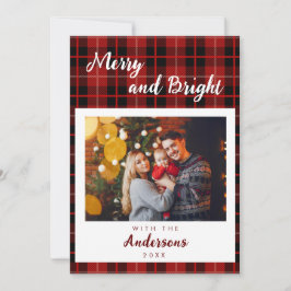 Tarjeta Festiva Foto familiar personalizada de plaid rojo