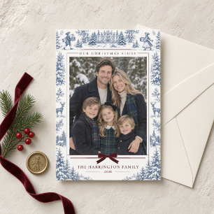 Tarjeta Festiva Foto Familiar Personalizada Toile de Invierno Azul