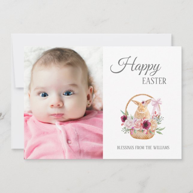 Tarjeta Festiva Foto feliz de la cesta de conejo de Pascua (Anverso)