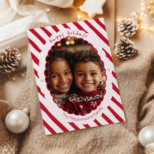 Tarjeta Festiva Foto festiva con rayas caprichosas rosadas y rojas (Hand Drawn Candy Cane Striped Photo card)