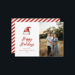 Tarjeta Festiva Foto festiva de Santa Hat<br><div class="desc">Sombrero Santa de la acuarela festiva,  tarjeta fotográfica de vacaciones. Características,  tipografía roja con soporte de rayas coordinadas.</div>