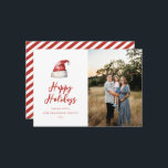 Tarjeta Festiva Foto festiva de Santa Hat<br><div class="desc">Sombrero Santa de la acuarela festiva,  tarjeta fotográfica de vacaciones. Características,  tipografía roja con soporte de rayas coordinadas.</div>