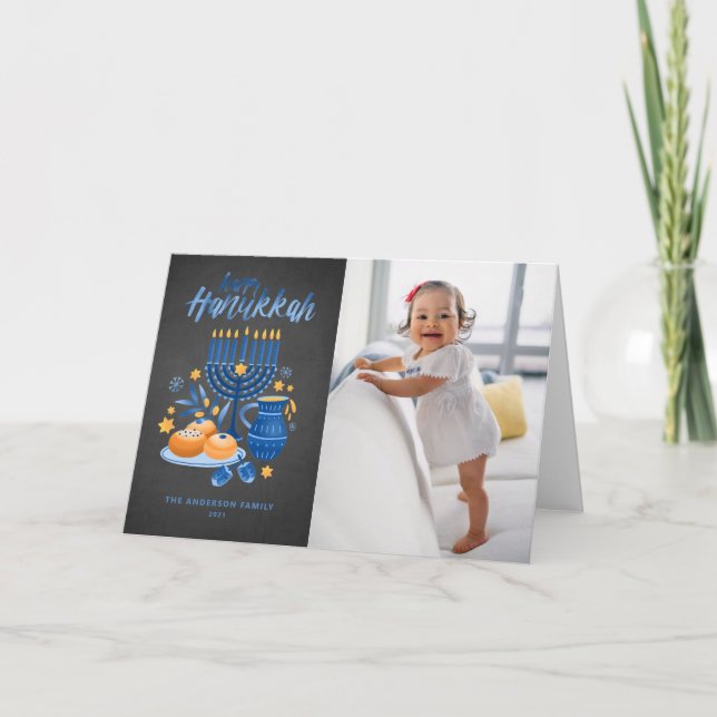 Tarjeta Festiva Foto festiva Menorah Chalkboard Happy Hanukkah (Anverso)