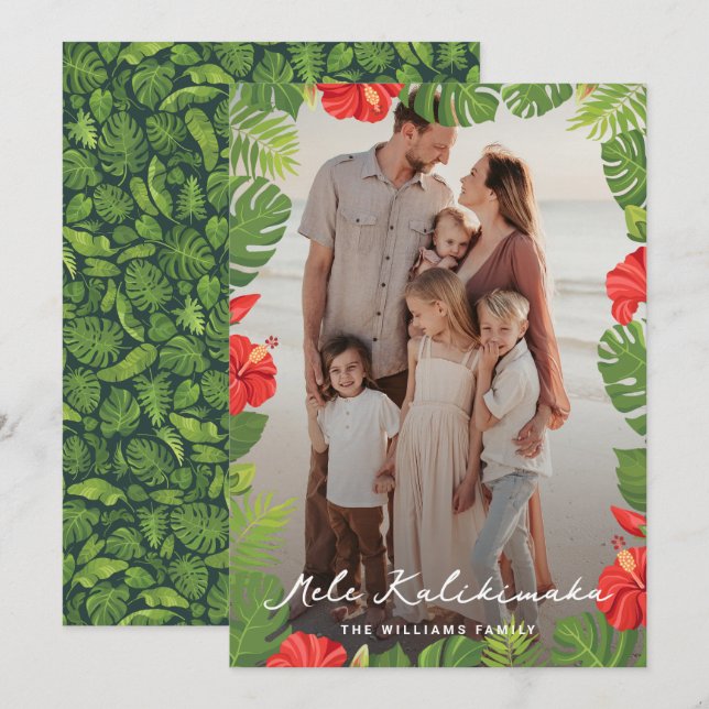 Tarjeta Festiva Foto floral de hojas tropicales Mele Kalikimaka (Anverso / Reverso)