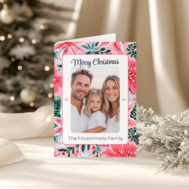 Tarjeta Festiva Foto floral de vacaciones rosadas modernas (Pink Tropical Floral Folded  Christmas Card)