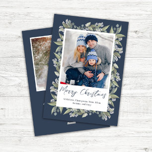 Tarjeta Festiva Foto floral navideña Marina Blue Merry