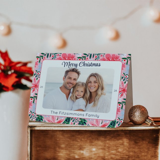Tarjeta Festiva Foto floral preppy rosa de festividad (Pink Tropical Floral Folded  Christmas Card)