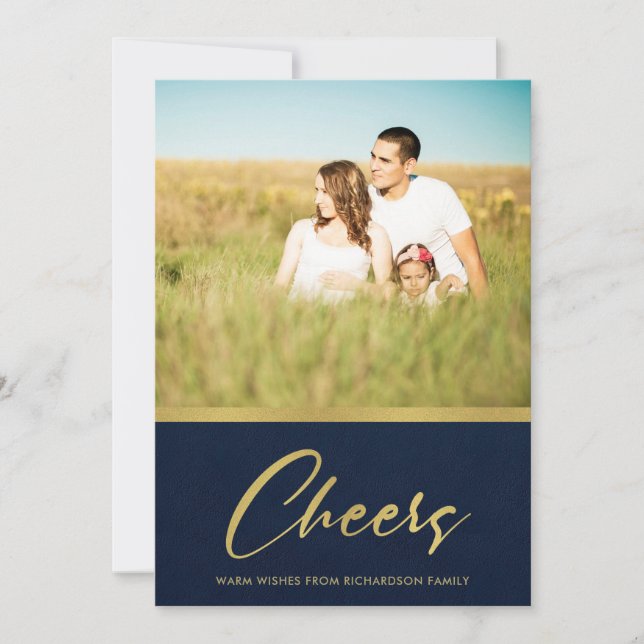 TARJETA FESTIVA FOTO FORMAL DE NAVY FAUX ORO MINIMAL CHEERS (Anverso)