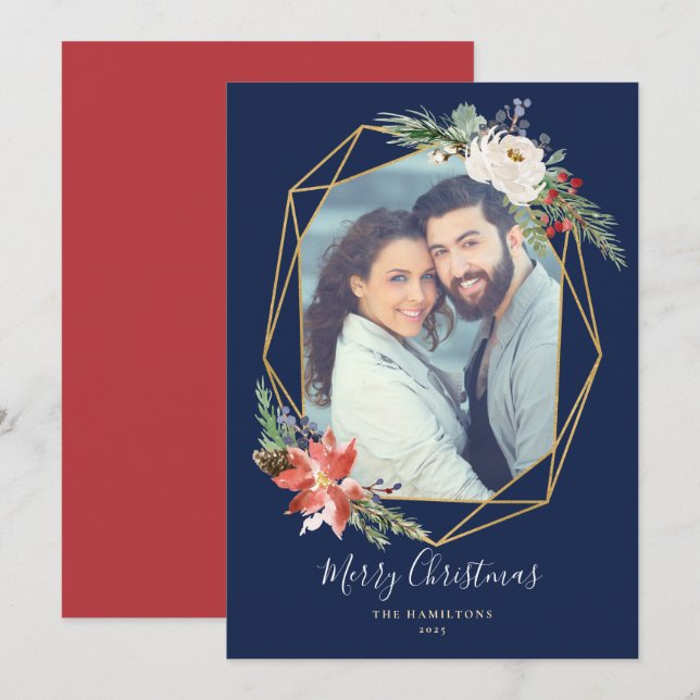 Tarjeta Festiva Foto geométrica azul de botánicos navideños (Anverso / Reverso)