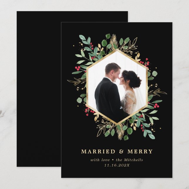 Tarjeta Festiva Foto geométrica de recién casados con vegetación d (Anverso / Reverso)