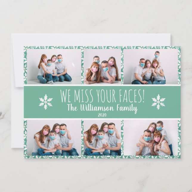 Tarjeta Festiva Foto Graciosa Miss Your Faces Green Snowflake Covi (Anverso)