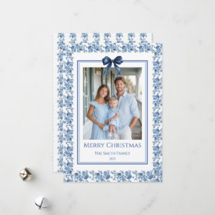 Tarjeta Festiva Foto Granmillennial de Chinoisería Azul Francés