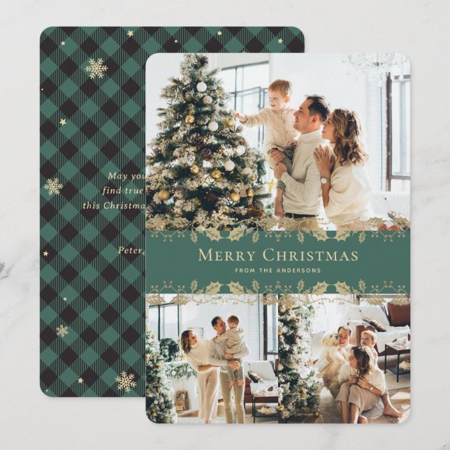 Tarjeta Festiva Foto: Green Gold Holly Plaid Merry Christmas Card (Anverso / Reverso)