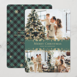 Tarjeta Festiva Foto: Green Gold Holly Plaid Merry Christmas Card