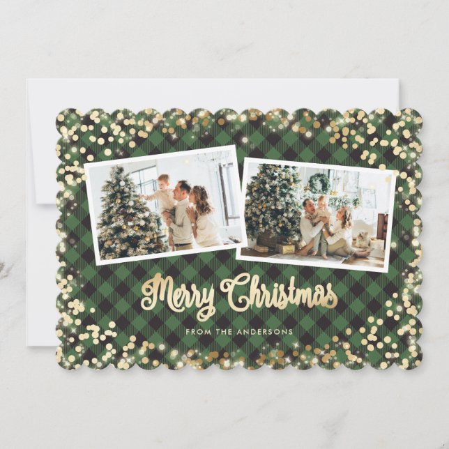 Tarjeta Festiva Foto Green Plaid Gold Snow Merry Christmas (Anverso)