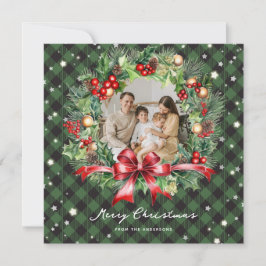 Tarjeta Festiva Foto Green Plaid Wreath Stars Merry Christmas