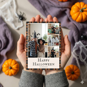 Tarjeta Festiva Foto Halloween Plaid Tartan Naranja Black