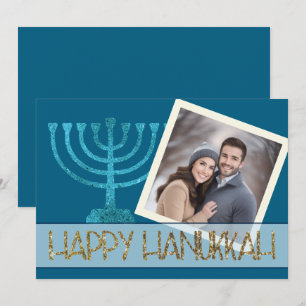Tarjeta Festiva Foto Hanukkah Menorá Azul Blanco Dorado Purpurina