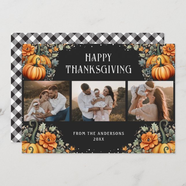 Tarjeta Festiva Foto Happy Thankde Card Pumpkins Floral (Anverso / Reverso)