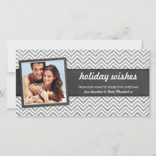 Tarjeta Festiva FOTO HOLIDAY retro chevron plata purpurina gris
