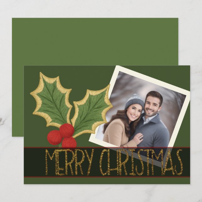Tarjeta Festiva Foto Holly Berries Embroidery Navidades Ribbon (Anverso / Reverso)