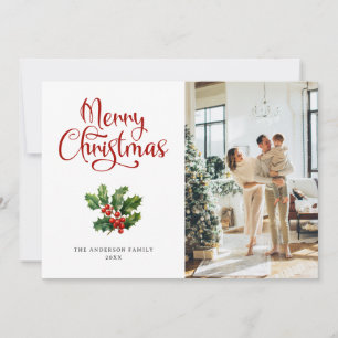 Tarjeta Festiva Foto Holly Berries Script Merry Christmas Card