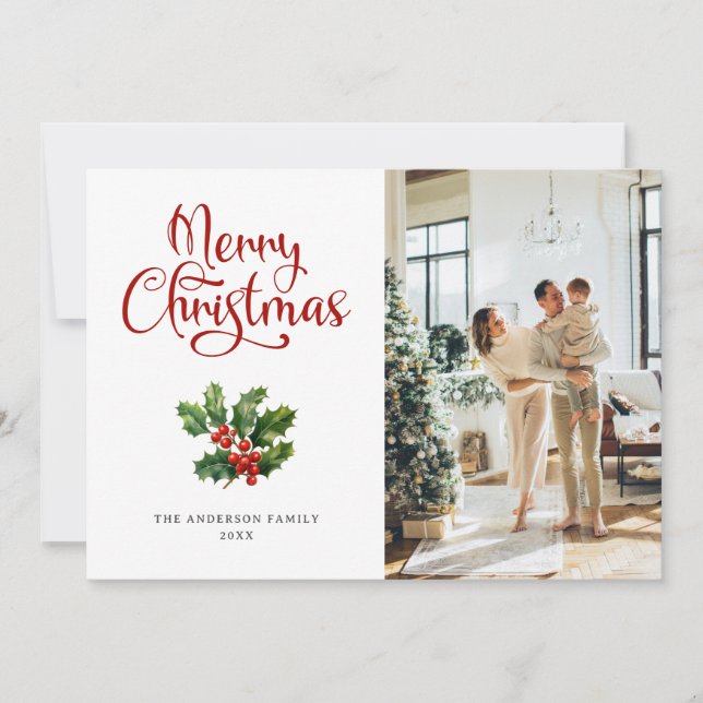 Tarjeta Festiva Foto Holly Berries Script Merry Christmas Card (Anverso)